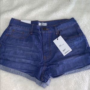 High rise dark denim shorts